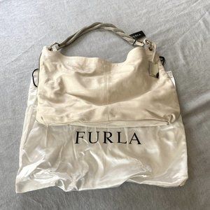 Furla White Cotton Large Leather Hobo Bag